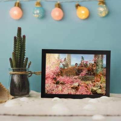 Vintage garden scene with pink flowers, classical figures, and elegant background from Infidu wall art collection. displayed on the wall