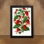 Infidu vintage wall art of red bell-shaped flowers with green leaves on a white background, framed in black. displayed on the wall