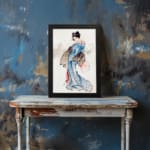 Vintage wall art of a Japanese woman in a soft blue kimono with a fan, styled with calm brush strokes and traditional details. displayed on the wall