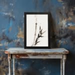 Vintage ink bamboo wall art in Zen brush style with black and gray tones on a white background. displayed on the wall