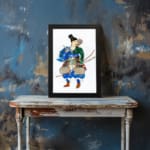 Vintage wall art of a Japanese warrior in colorful armor holding a bow with arrows, set against a white background with a black border. displayed on the wall