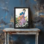 Elegant East Asian woman in floral attire with soft botanical background in vintage wall art print. displayed on the wall