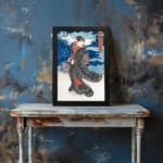 Japanese woman in black kimono with red accents, bold blue sky and red vertical banner in vintage art style. displayed on the wall
