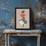 Vintage wall art of a dancing woman in red top and green dress with a beige background, inspired by classic early 1900s poster style. displayed on the wall