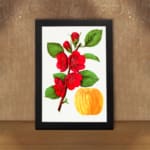 Infidu vintage wall art featuring vibrant red flowers and lush green leaves against a white background with a sleek black border. displayed on the wall art in a black frame
