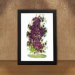 Vintage floral wall art with purple blossoms, yellow centers, and green leaves on a white background. displayed on the wall