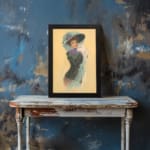 Vintage wall art of an elegant 20th-century lady in a blue hat and dark dress with a white stole on a beige background. displayed on the table
