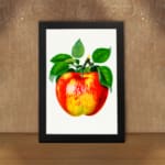 Vintage apple wall art featuring a red, yellow, and green apple with green leaves on a white background and a black frame. displayed on the wall