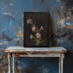 Vintage floral wall art with pink and purple flowers on black background by Infidu displayed on the wall