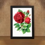 Vintage botanical wall art of red roses with green leaves on a white background by Infidu. displayed on the wall