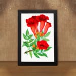 Infidu vintage wall art featuring red trumpet flowers with green leaves on a white background. displayed on the wall
