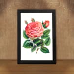 Infidu Pink Rose in Full Bloom Vintage Wall Art with detailed petals and green leaves. displayed on the wall