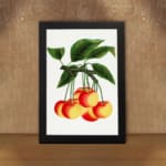Vintage wall art of red and yellow cherries on a branch with green leaves in a black frame. displayed on the wall