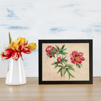 Infidu vintage wall art of blooming pink flowers with green leaves on a warm beige background. displayed on the wall