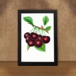 Vintage wall art with ripe red cherries and green leaves on a white background. displayed on the wall