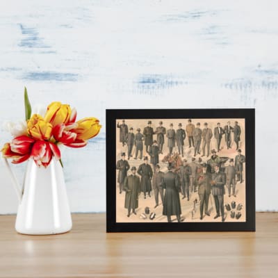 Vintage wall art print featuring classic men’s fashion in suits and hats with a soft beige background. displayed on the wall