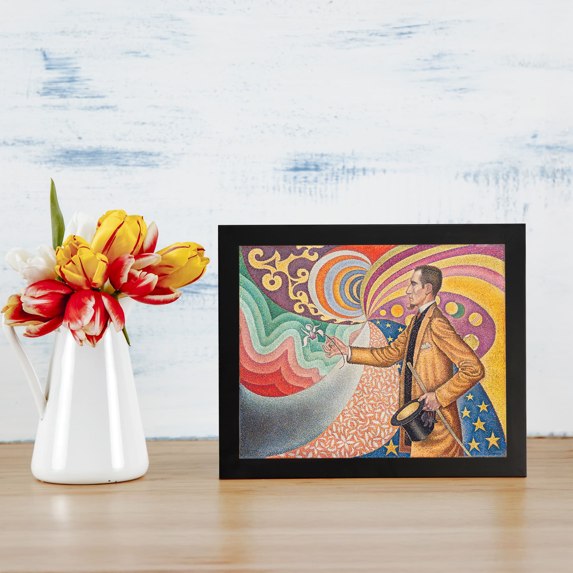 Vintage wall art showing a man in a mustard yellow suit pointing to colorful psychedelic swirls. displayed on the wall