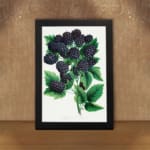 Vintage wall art print of ripe blackberries with green leaves on a white background in classic botanical style. displayed on the wall