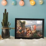 Infidu vintage wall art featuring a classical historical scene with figures in period attire set against a rocky landscape and a partly cloudy sky. displayed on the wall art in a black frame