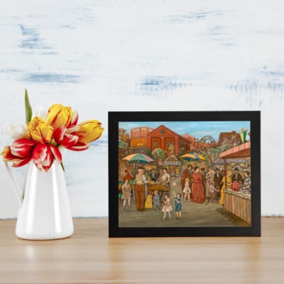 Lively vintage market scene with colorful umbrellas, people, and warm earthy tones in a nostalgic old-town setting. displayed on the wall