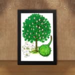 Vintage botanical illustration of a green tree with white blossoms and a spiky fruit on a white background. displayed on the wall