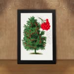 Botanical illustration of a red berry tree with green leaves and vivid red berries on a white background. displayed on the wall