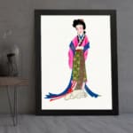 Vintage art of a graceful woman in colorful traditional clothing with flowing ribbons. displayed on the wall