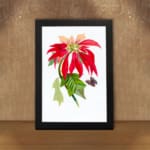 Vintage wall art print of a red flower with peach petals, green leaves, and a black and purple butterfly on a white background. displayed on the wall