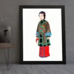 Vintage wall art of a cultural figure wearing a brown robe with green and blue details, red pants, and a plain white background. displayed on the wall