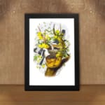 Vintage wall art showing two black and white birds flying near a tree branch with green leaves and bright yellow flowers on a white background. displayed on the wall