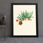 Vintage wall art of green cactus with orange flowers on beige background in a black frame displayed on the wall