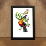 Colorful bird on a leafy branch with a yellow butterfly – vintage wall art with a vibrant nature scene displayed on the wall