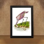 Pink bird bending near water with grass and earthy background in vintage style. displayed on the wall