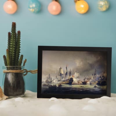 Vintage naval battle wall art showing ships in combat on stormy seas with dramatic smoke and cannon fire. displayed on the wall