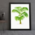 Elegant palm plant with detailed green leaves and light brown trunk, framed in black, perfect for nature-inspired vintage wall art. displayed on the wall