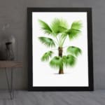 Infidu vintage wall art featuring a small palm tree with green fan-shaped leaves and a textured brown trunk. displayed on the wall