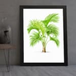 Vintage wall art featuring a green palm plant with curved leaves, framed in black, adds a fresh tropical feel to any room. displayed on the wall