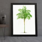 Vintage wall art of a green leaf with light yellowish-white patterns on a white background in a black frame. displayed on the wall