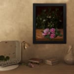 Infidu vintage wall art featuring delicate pink roses with lush green leaves on a rustic wooden background. displayed on the wall art in a black frame