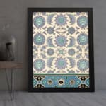 Vintage Persian floral and geometric wall art print with blue, teal, and purple flowers on a cream background in a black frame. displayed on the wall
