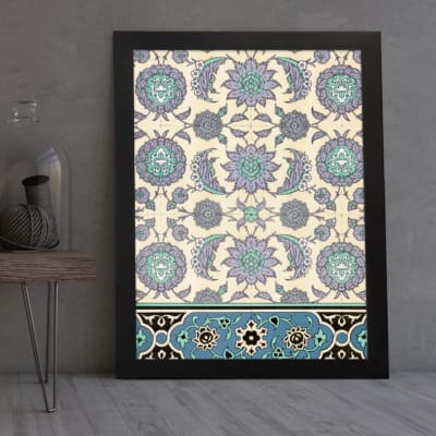 Vintage Persian floral and geometric wall art print with blue, teal, and purple flowers on a cream background in a black frame. displayed on the wall