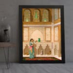 Vintage wall art of a royal Mughal room with a woman in colorful attire holding a vase, detailed with arches, patterns, and classic hues. displayed on the wall