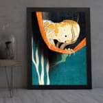 Vintage Japanese shrimp illustration on teal background with orange branch and black frame displayed on the wall in a black frame