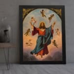 Vintage wall art of Jesus Christ ascending with angels in a soft sky, framed in black with golden accents. displayed on the wall
