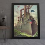 Vintage battleship with American flags sailing through choppy waters, framed in black. displayed on the wall