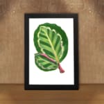 Vintage wall art of two overlapping green leaves with pinkish-red veins on a white background, framed in black. displayed on the wall