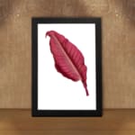 Vintage wall art with a single deep red leaf centered on a white background, framed in black. displayed on the wall