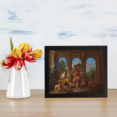 Vintage wall art of a historical scene with tall arches, vibrant colors, and intricate architectural details. Perfect for classic decor. displayed on the table in a black frame