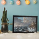 Vintage wall art of a dramatic ocean storm with waves, rocky cliffs, and a stone tower. displayed on the wall