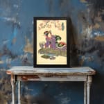 Vintage Japanese woman wall art with cherry blossoms in soft pink, wearing a purple kimono on a beige background. displayed on the wall